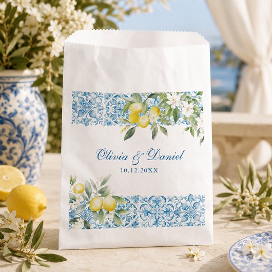 Blaue Fliesen und Lemon Wedding Geschenktütchen