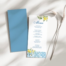 Blaue Fliesen und Lemon Wedding Menükarte