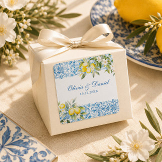 Blaue Fliesen und Lemon Wedding Quadratischer Aufkleber