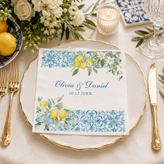 Blaue Fliesen und Lemon Wedding Serviette