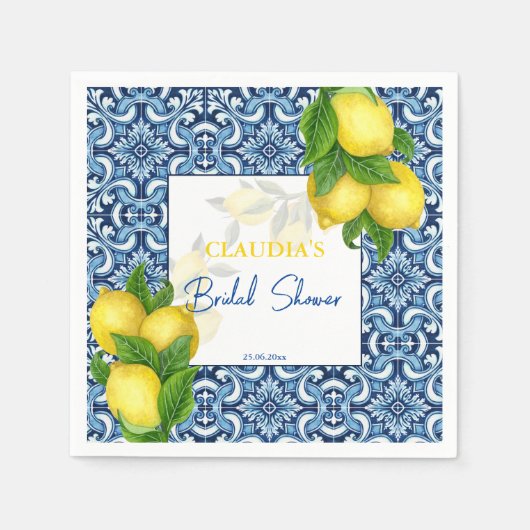 Blaue Fliesen und Zitrone Amalfi Brautparty Serviette (Vorderseite)