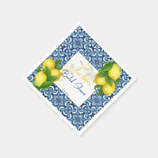 Blaue Fliesen und Zitrone Amalfi Brautparty Serviette (Ecke)