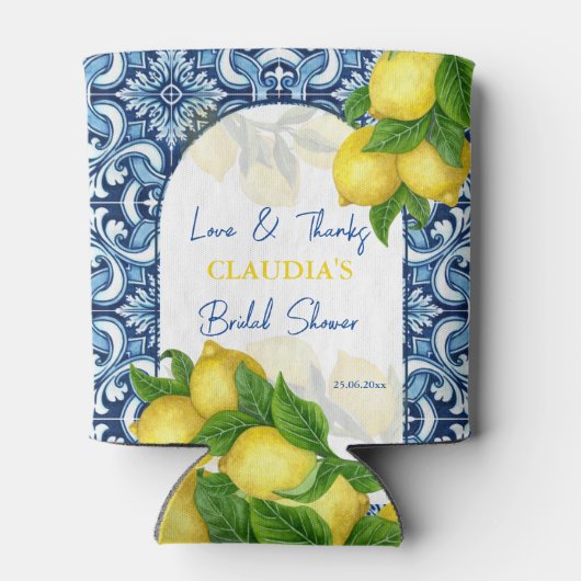 Blaue Fliesen und Zitrone Amalfi Bridal Geschenke  Dosenkühler (Rückseite)