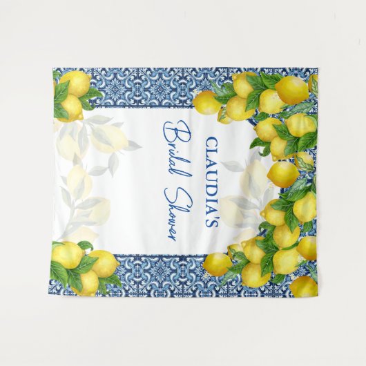 Blaue Fliesen und Zitrone Amalfi Party Hintergrund Wandteppich (Vorderseite (Horizontal))