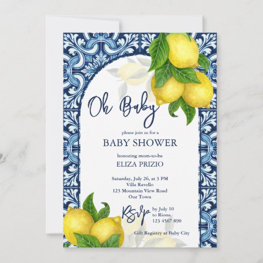 Blaue Fliesen und Zitrone Amalfi Positano Babydusc Einladung (Vorderseite)