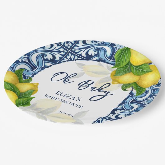 Blaue Fliesen und Zitrone Amalfi Positano Babydusc Pappteller (Schrägansicht)