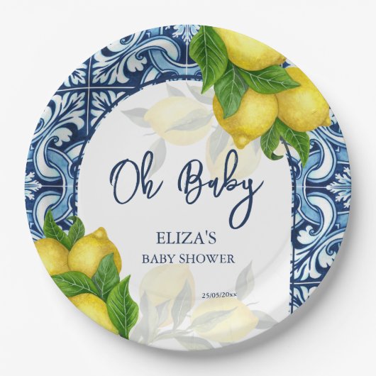 Blaue Fliesen und Zitrone Amalfi Positano Babydusc Pappteller (Vorderseite)