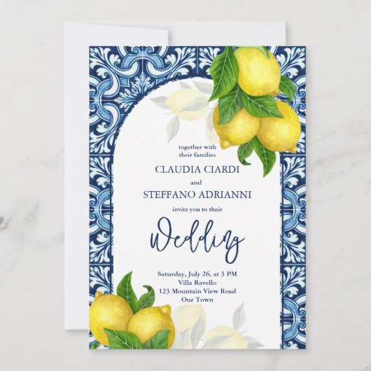 Blaue Fliesen und Zitrone Amalfi Positano Hochzeit Einladung (Vorderseite)