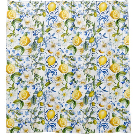 Blaue Fliesen und Zitronen Duschvorhang (Vorderseite)