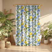 Blaue Fliesen und Zitronen Duschvorhang