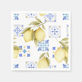 Blaue Fliesen- und Zitronen-Hochzeitspapier-Servie Serviette