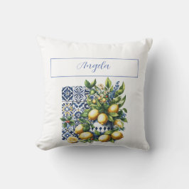 Blaue Fliesen und Zitronen | Ihr Name Kissen