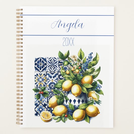 Blaue Fliesen und Zitronen | Ihr Name Planer (Vorderseite)