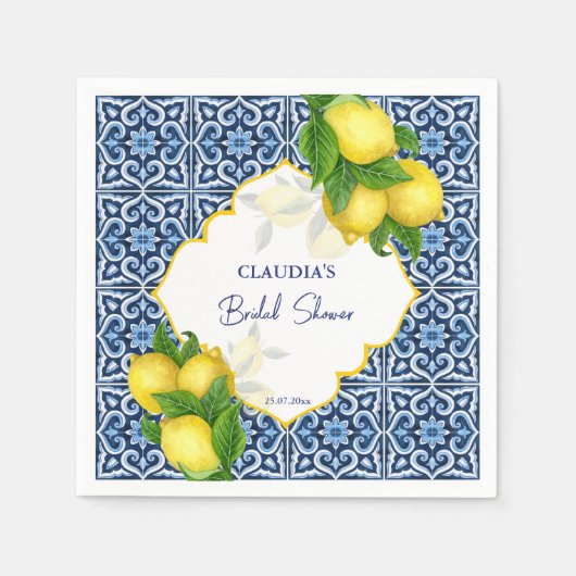 Blaue Fliesen Zitrone Amalfi Brautparty Party Brau Serviette (Vorderseite)