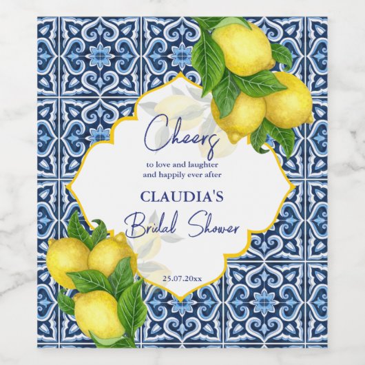 Blaue Fliesen Zitrone Amalfi Brautparty Party Brau Weinetikett (Einzelnes Label)