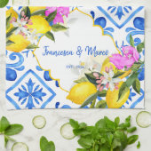 Blaue Fliesen Zitrone Bougainvillea Brauchtum Gesc Geschirrtuch (Gefaltet)