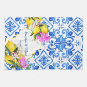 Blaue Fliesen Zitrone Bougainvillea Brauchtum Gesc Geschirrtuch (Horizontal)