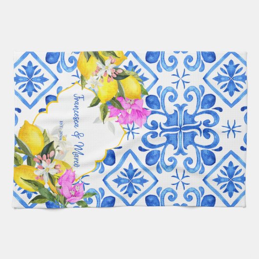 Blaue Fliesen Zitrone Bougainvillea Brauchtum Gesc Geschirrtuch (Horizontal)