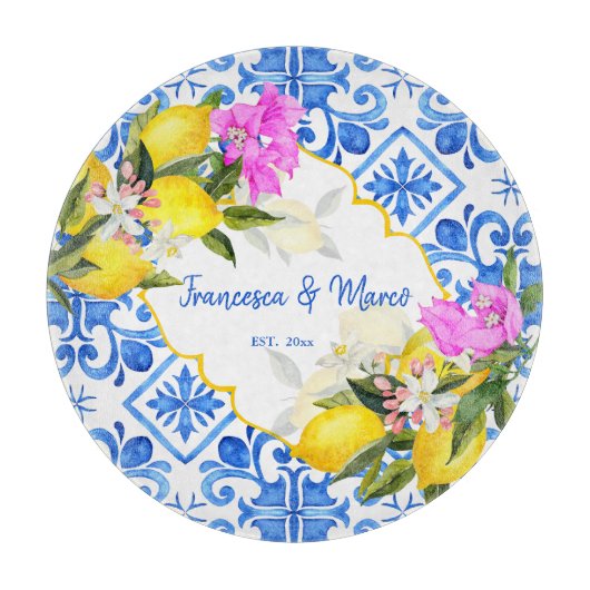 Blaue Fliesen Zitrone Bougainvillea Brauchtum Gesc Schneidebrett (Vorderseite)