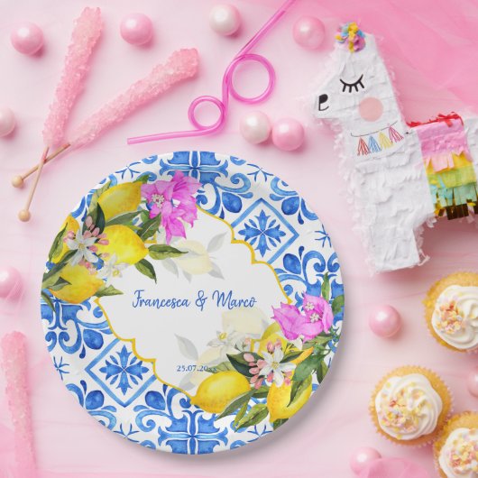 Blaue Fliesen Zitrone Bougainvillea Brauerei Pappteller (Party)