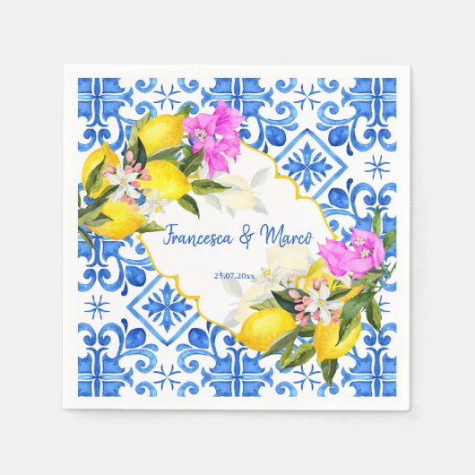 Blaue Fliesen Zitrone Bougainvillea Brauerei Serviette (Vorderseite)