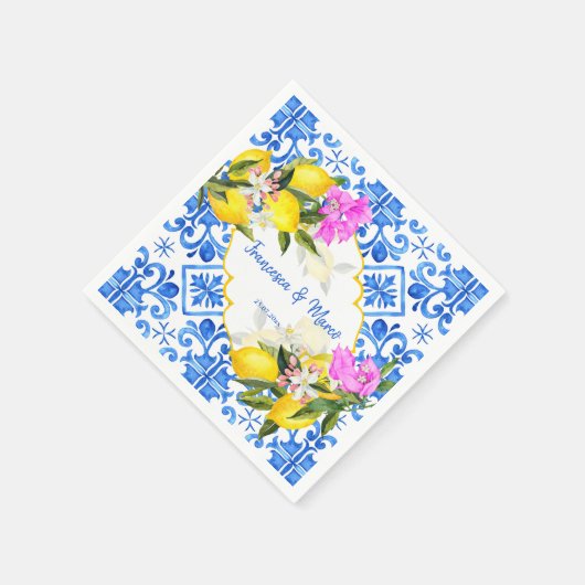 Blaue Fliesen Zitrone Bougainvillea Brauerei Serviette (Ecke)