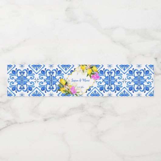 Blaue Fliesen Zitrone Bougainvillea Brauerei Wasserflaschenetikett (Einzelnes Label)