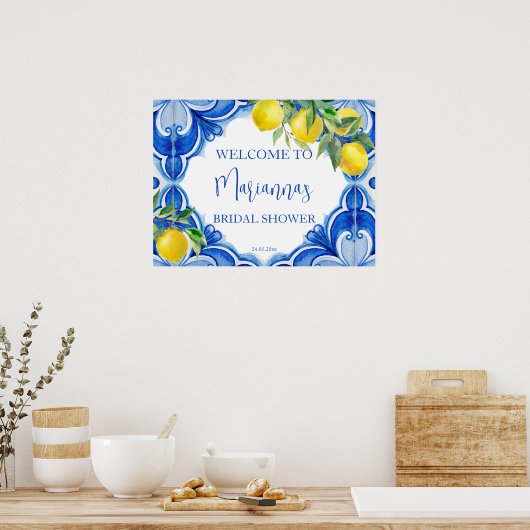 Blaue Fliesen Zitrone, die das Brautparty angenehm Poster (Küche)