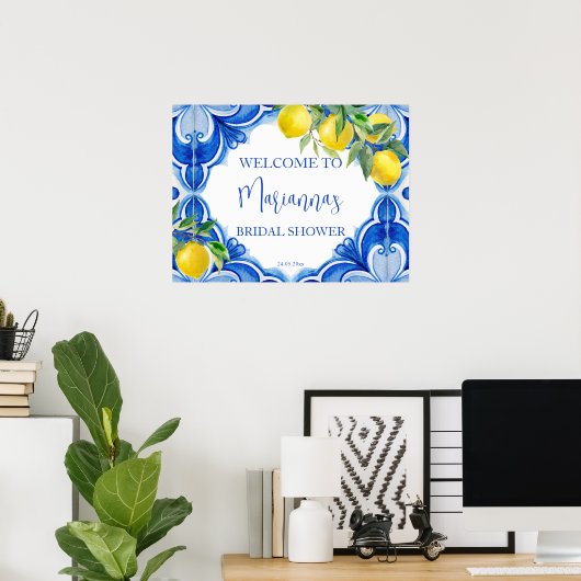 Blaue Fliesen Zitrone, die das Brautparty angenehm Poster (Heimbüro)