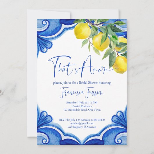 Blaue Fliesen Zitronen, das ist mehr Brautparty Einladung (Vorderseite)