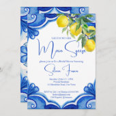 Blaue Fliesen Zitronen Hauptpresse Brautparty Einladung (Vorne/Hinten)