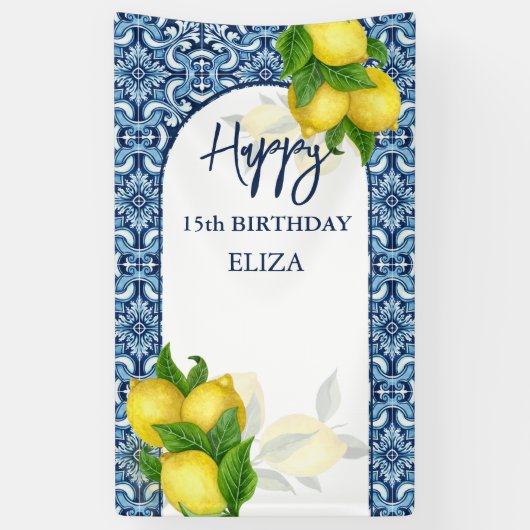 Blaue Fliesen Zitronen Italienisch Amalfi Glücklic Banner (Vertikal)