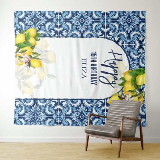 Blaue Fliesen Zitronen Italienisch Amalfi Glücklic Wandteppich (Beispiel (Horizontal))