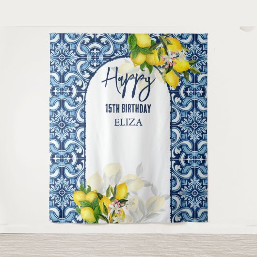 Blaue Fliesen Zitronen Italienisch Amalfi Glücklic Wandteppich (Vorderseite)