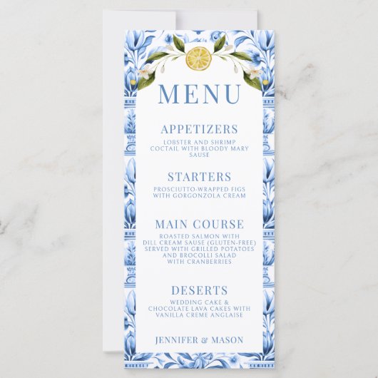 Blaue Fliesen Zitronenporzellan Hochzeitskarte (Vorderseite)