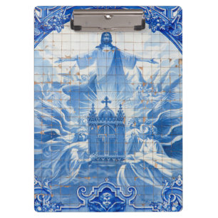 Blaue Fliesenmosaik von Jesus, Portugal Klemmbrett