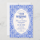 Blaue Fliesenmuster Kunst Hochzeit Einladung (Vorderseite)