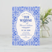 Blaue Fliesenmuster Kunst Hochzeit Einladung (Stehend Vorderseite)