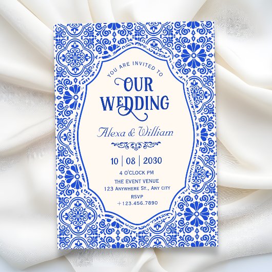 Blaue Fliesenmuster Kunst Hochzeit Einladung