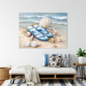 Blaue Flip-Flops Muscheln Küstenstrand Sommer Kuns Poster