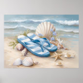 Blaue Flip-Flops Muscheln Küstenstrand Sommer Kuns Poster (Vorne)