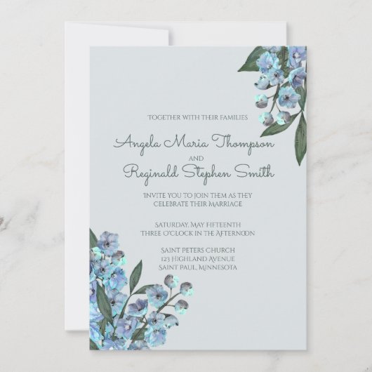 Blaue Flora Delphinium Bouquet Einladung (Vorderseite)
