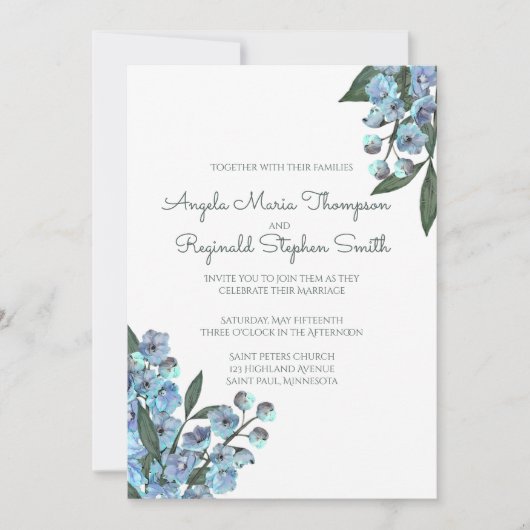 Blaue Flora Delphinium Bouquet Einladung (Vorderseite)