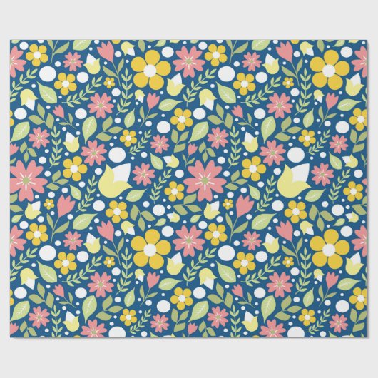 Blaue Flora Folk Art Muster Geschenkpapier (Flach)