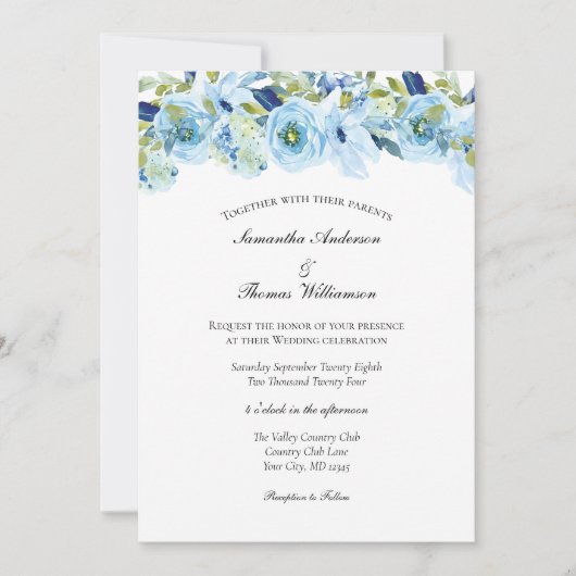 Blaue Flora Grün Elegant Moderne Hochzeit Einladung (Vorderseite)