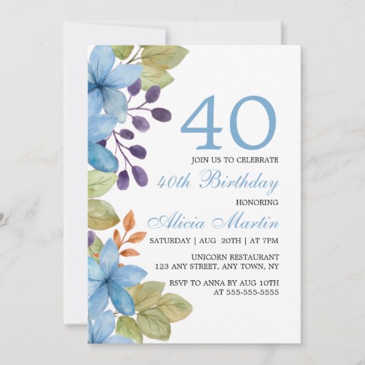 Blaue Flora jeden Alters zum Geburtstag Einladung (Vorderseite)