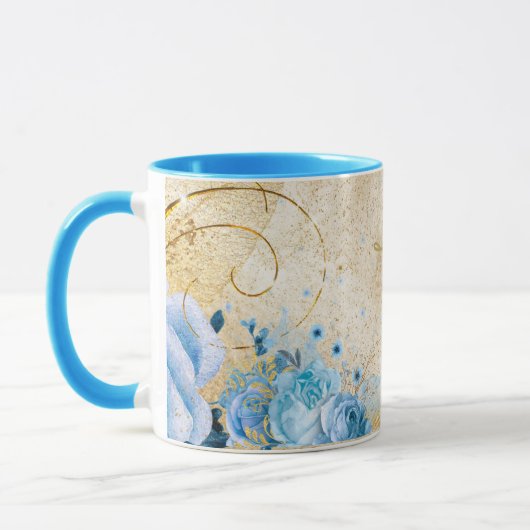 Blaue Flora mit Gold-Faith-Cross Tasse (Links)
