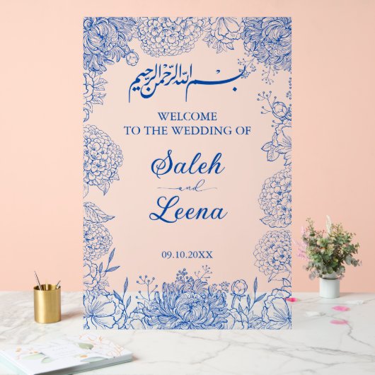 Blaue Flora Muslime - Willkommen Acrylschild (Hochzeit)