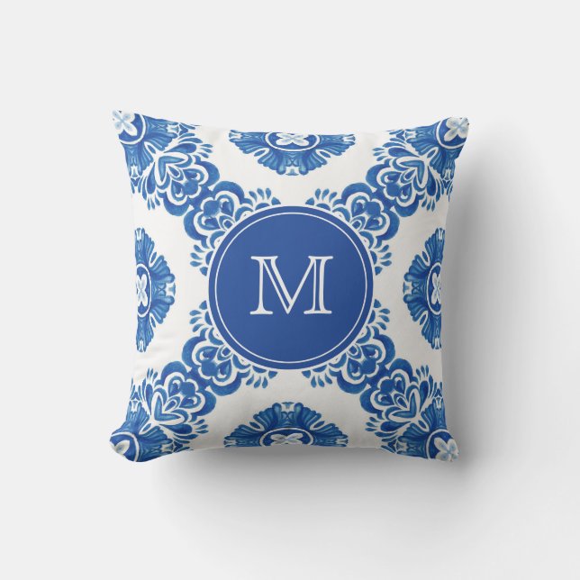 Blaue Flora Pariser Monogramm Kissen (Vorderseite)