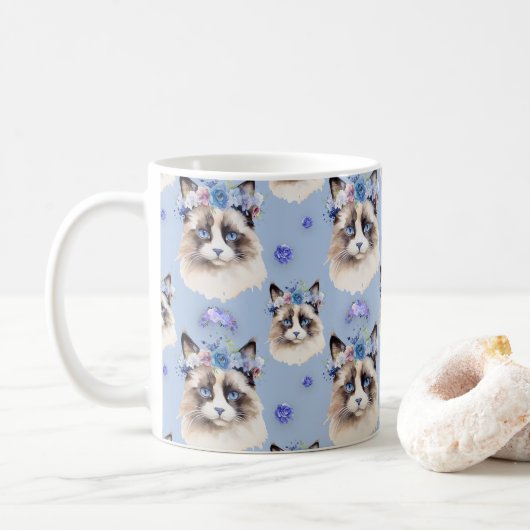 Blaue Flora Persische Katzen Kaffeetasse (Mit Donut)